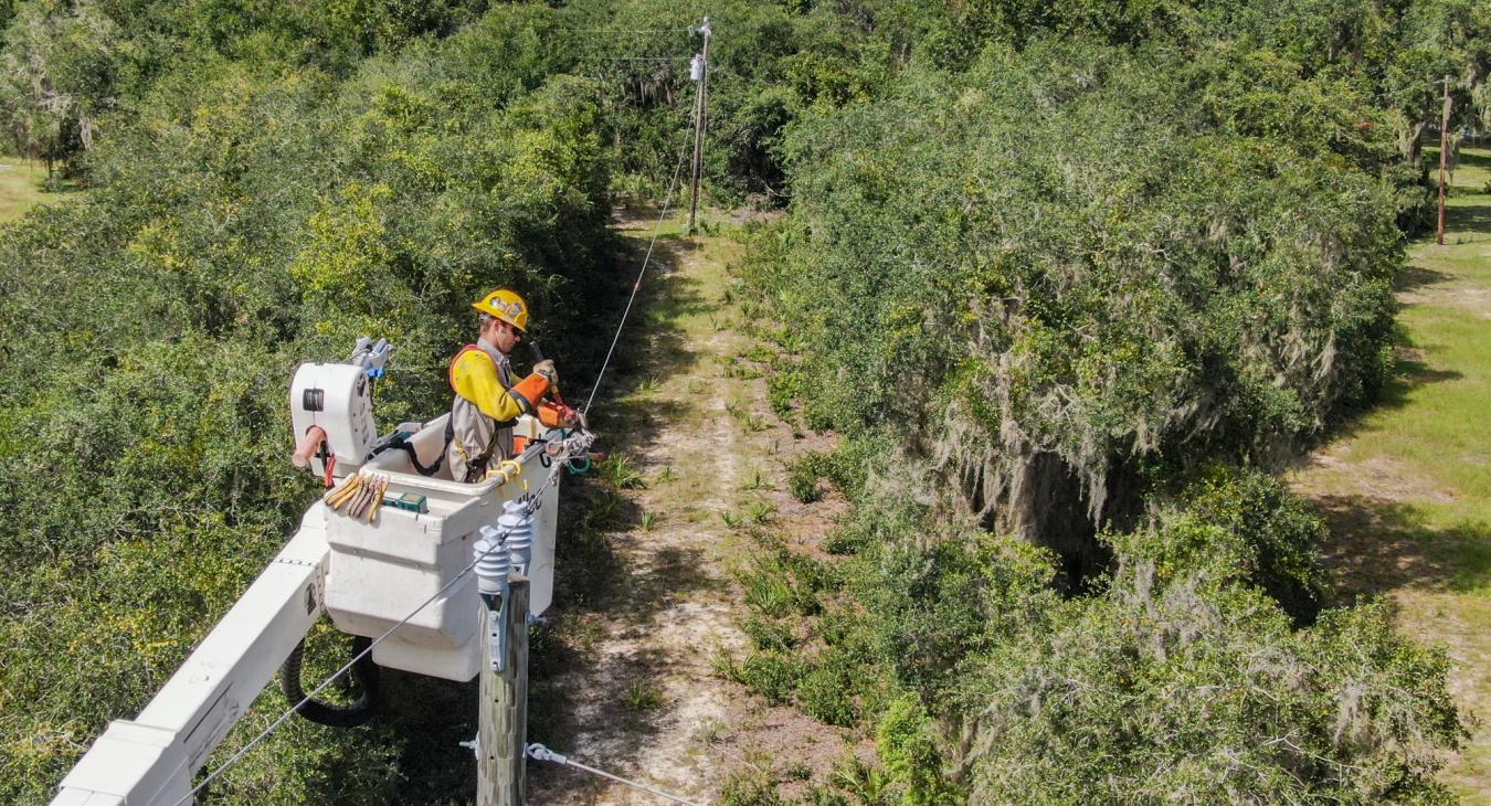 Lineworker in bucket, Salt Springs, Fla. after Hurricane Milton